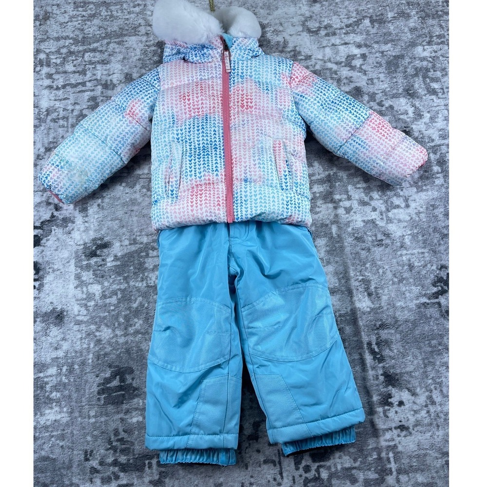Snozu Toddler Snowsuit Set‎ Size 2T Pink Blue Heart Puffer Jacket Snow Bibs Warm